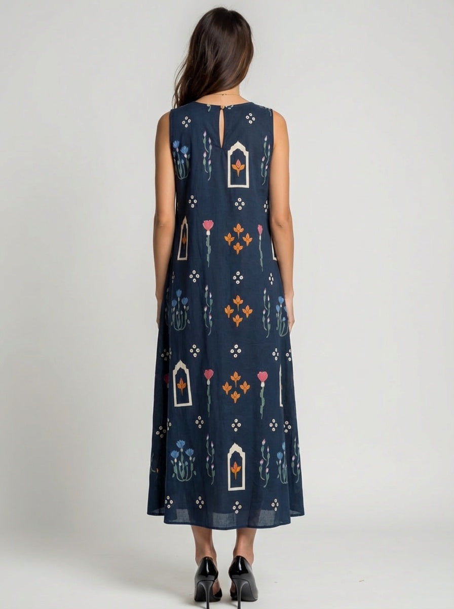Cotton midi dress with pink and orange floral block print