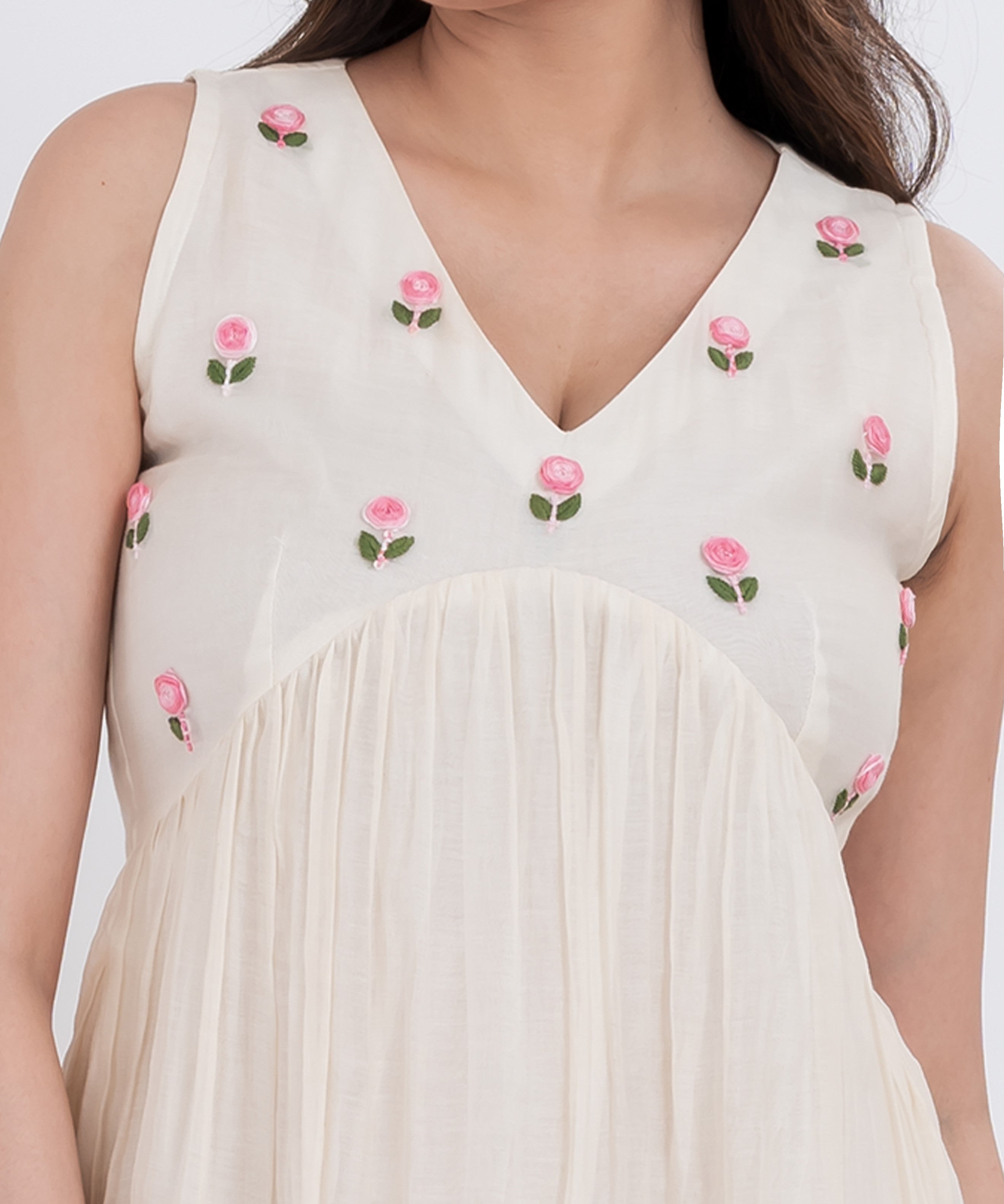 Elegant floral embroidered cotton silk dress with a delicate neckline.