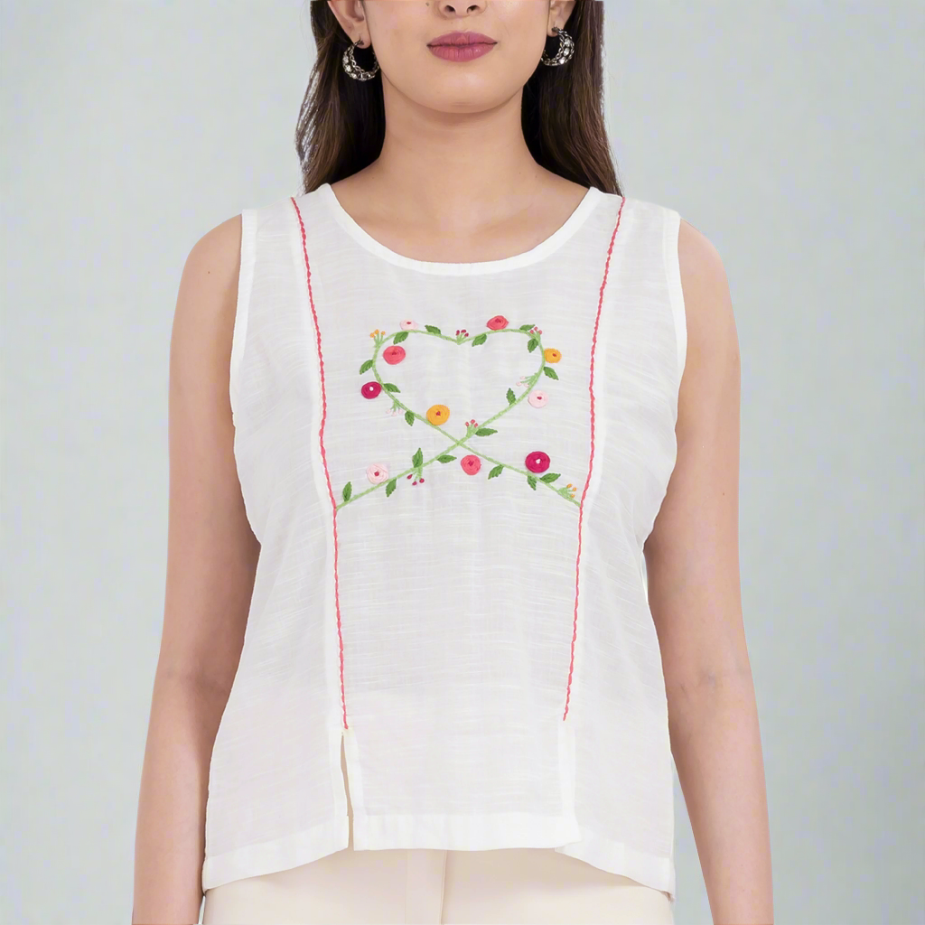 Floral embroidered boho tank top with heart vine design