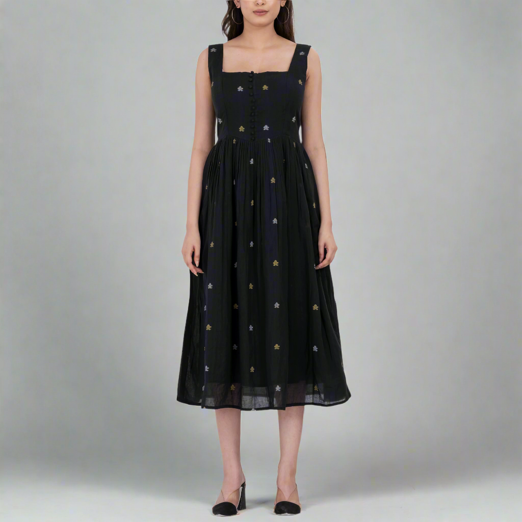 Floral embroidered handwoven cotton dress with square neckline and button front design.