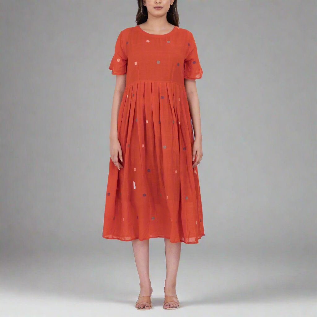 Floral embroidered handwoven cotton dress with pleated A-line cut and short sleeve design