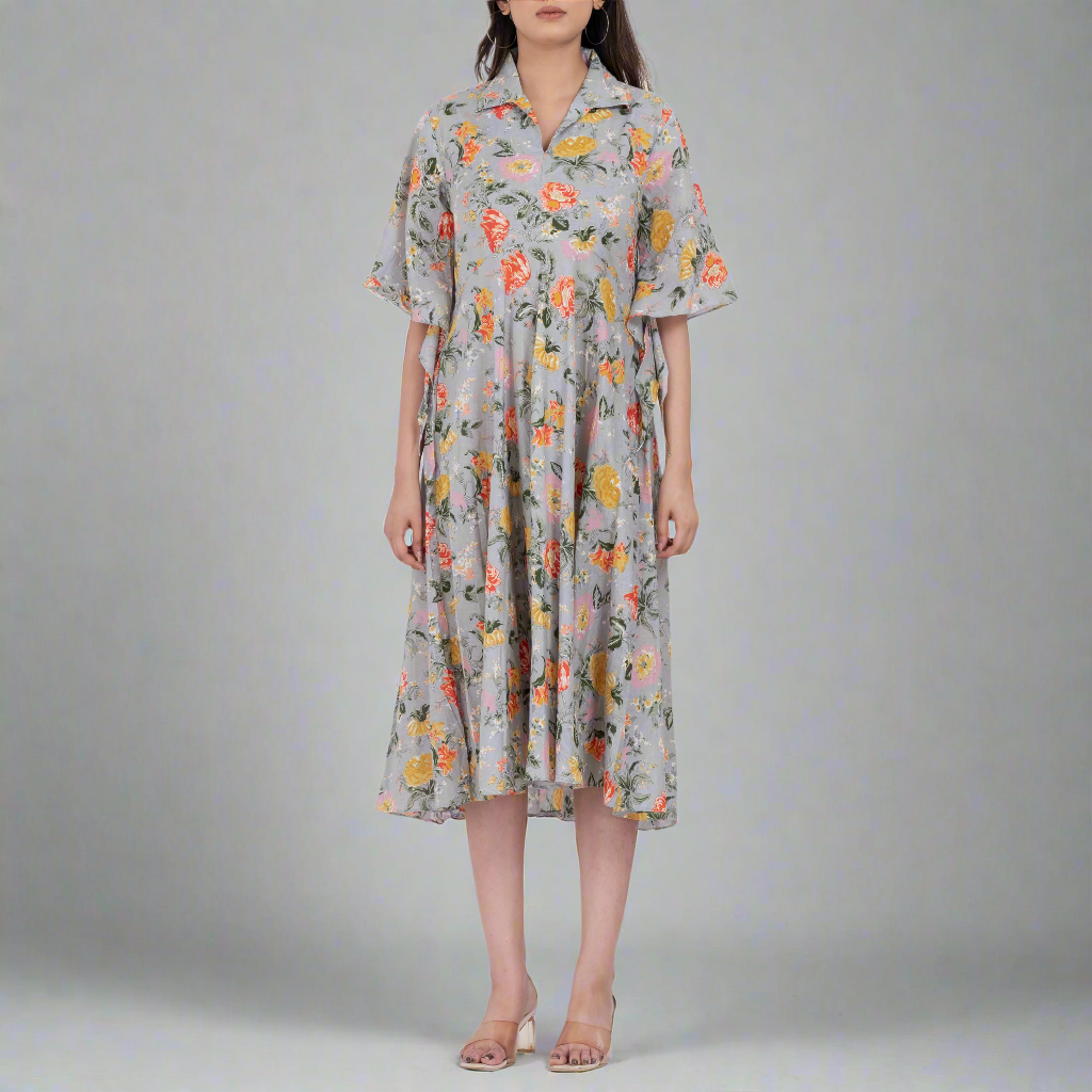 Button-front floral midi dress with kimono sleeves and flowing skirt