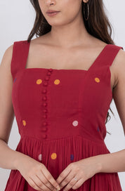  Handwoven cotton floral polka dot dress featuring button-down front and flattering A-line fit.