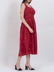  Floral polka dot handwoven cotton dress featuring button closure and A-line fit.