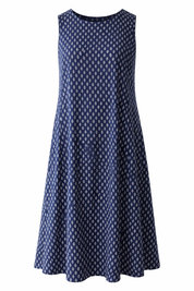 Navy blue dress with white geometric pattern on a white background