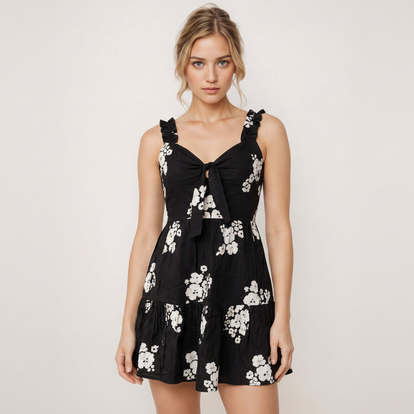 Multi colored floral print cotton mini dress with V neckline