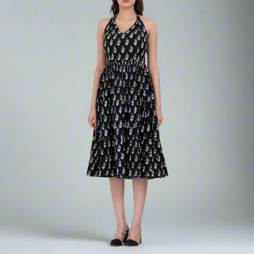 Floral Print Sleeveless Cotton Dress with tiered ruffles