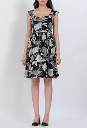 Floral square neck puff sleeve dress with soft hues and A-line silhouette