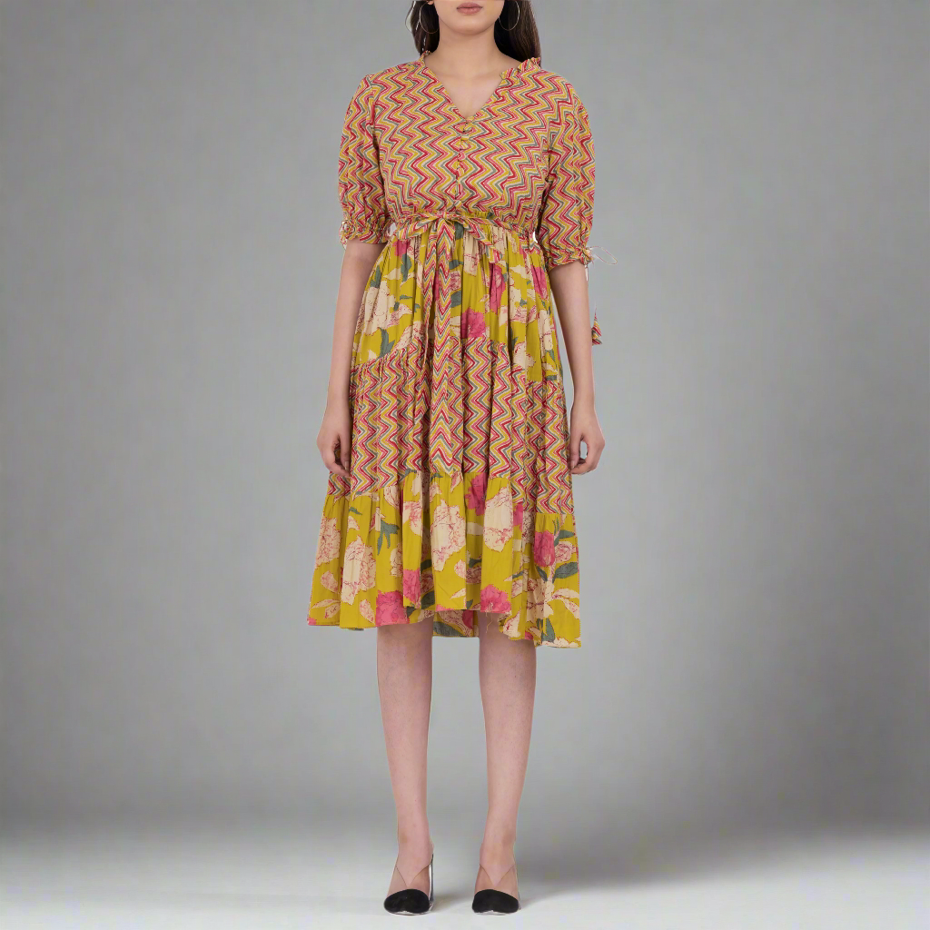 Floral puff sleeve dress with tiered skirt and tie waist for a feminine look