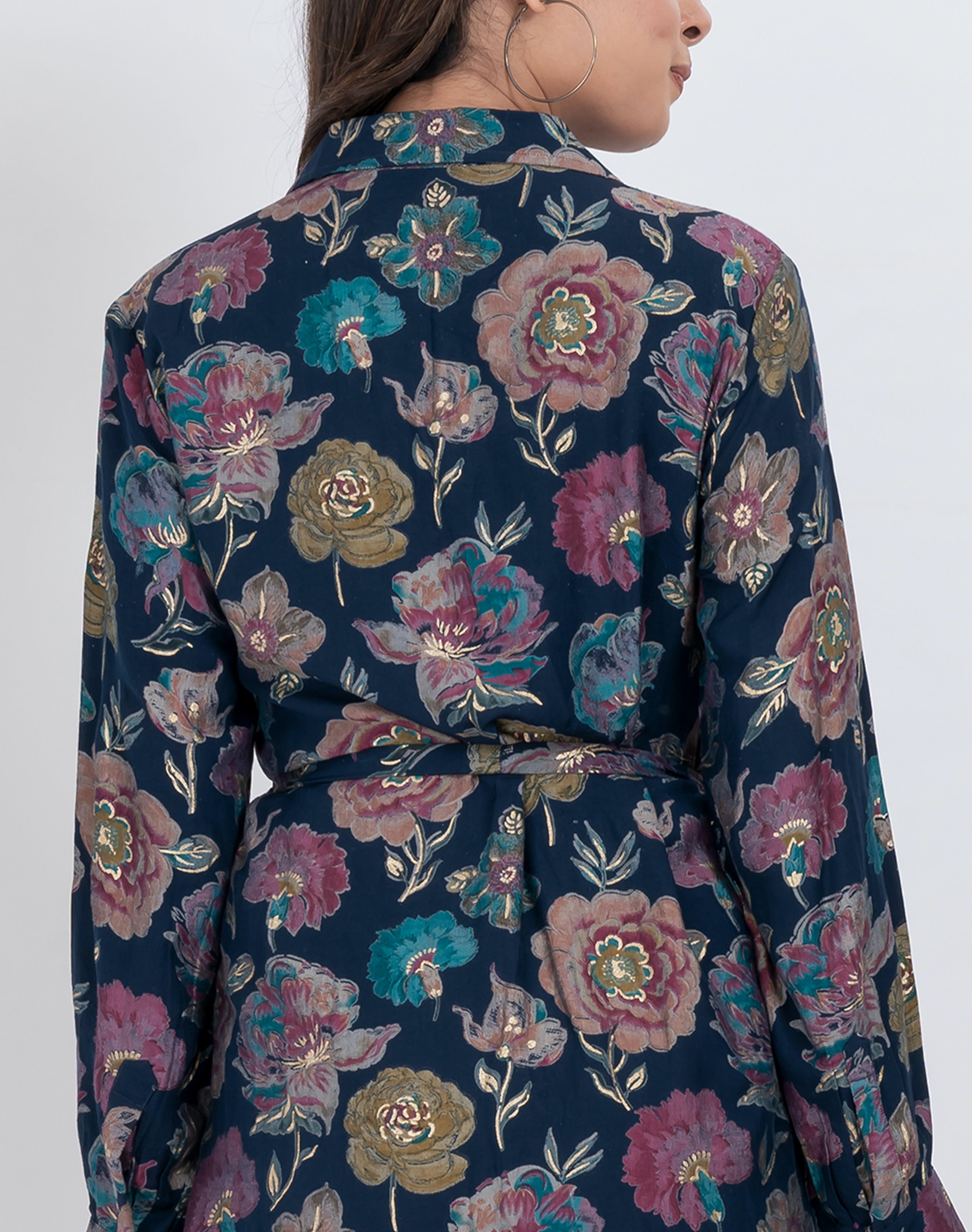 Trendy floral shirt style mini dress with belted waist