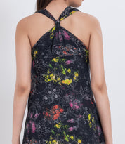 floral sleeveless a-line maxi dress made from breathable handloom cotton with artistic botanical print for summer wear.