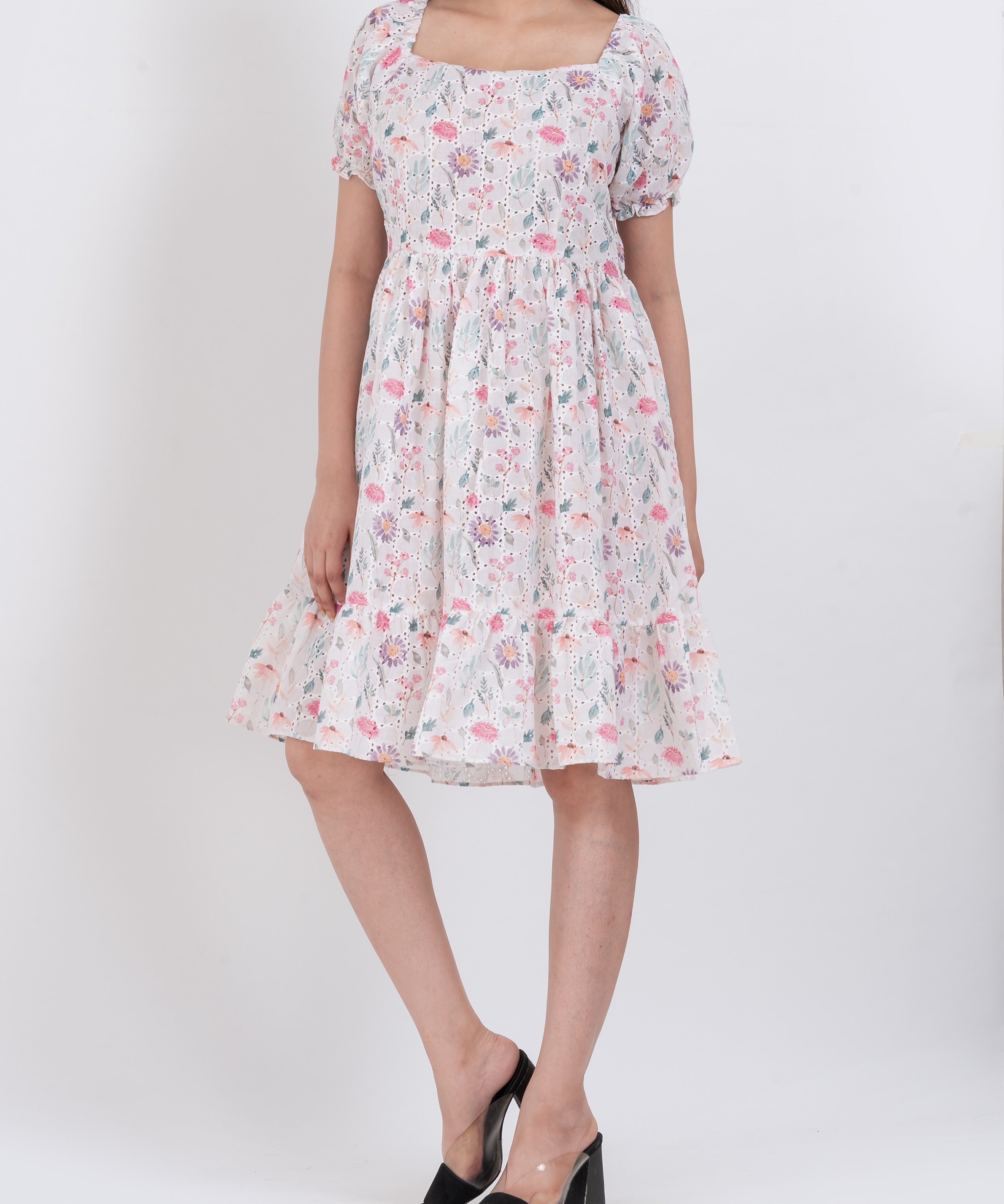 Floral print tiered A-line dress with puff sleeves and square neckline