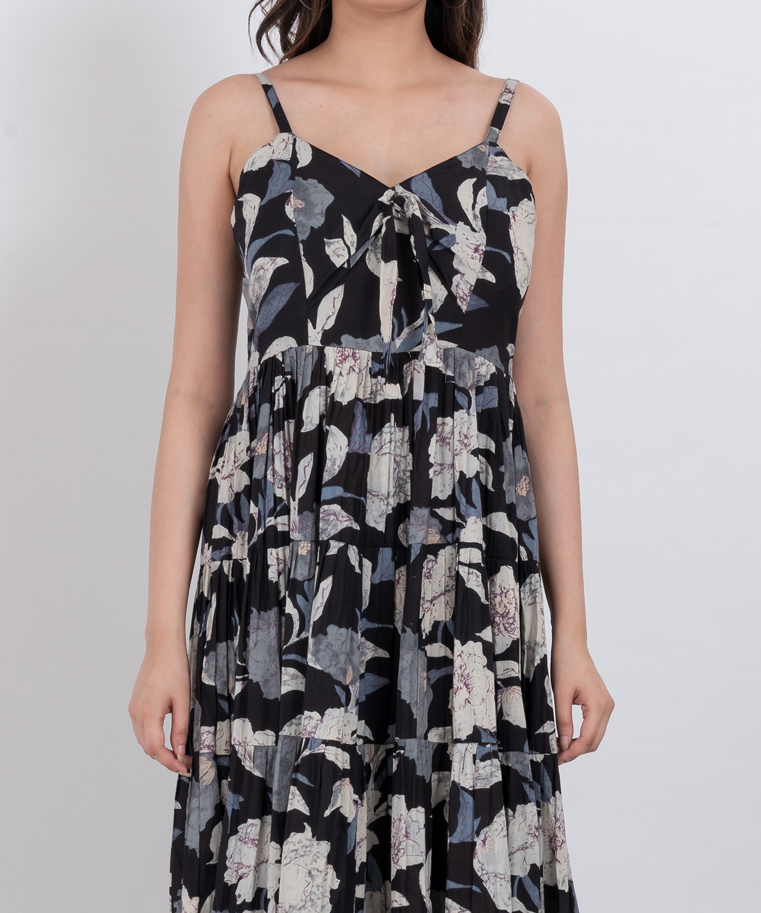Floral tiered sleeveless maxi dress with flowing layers