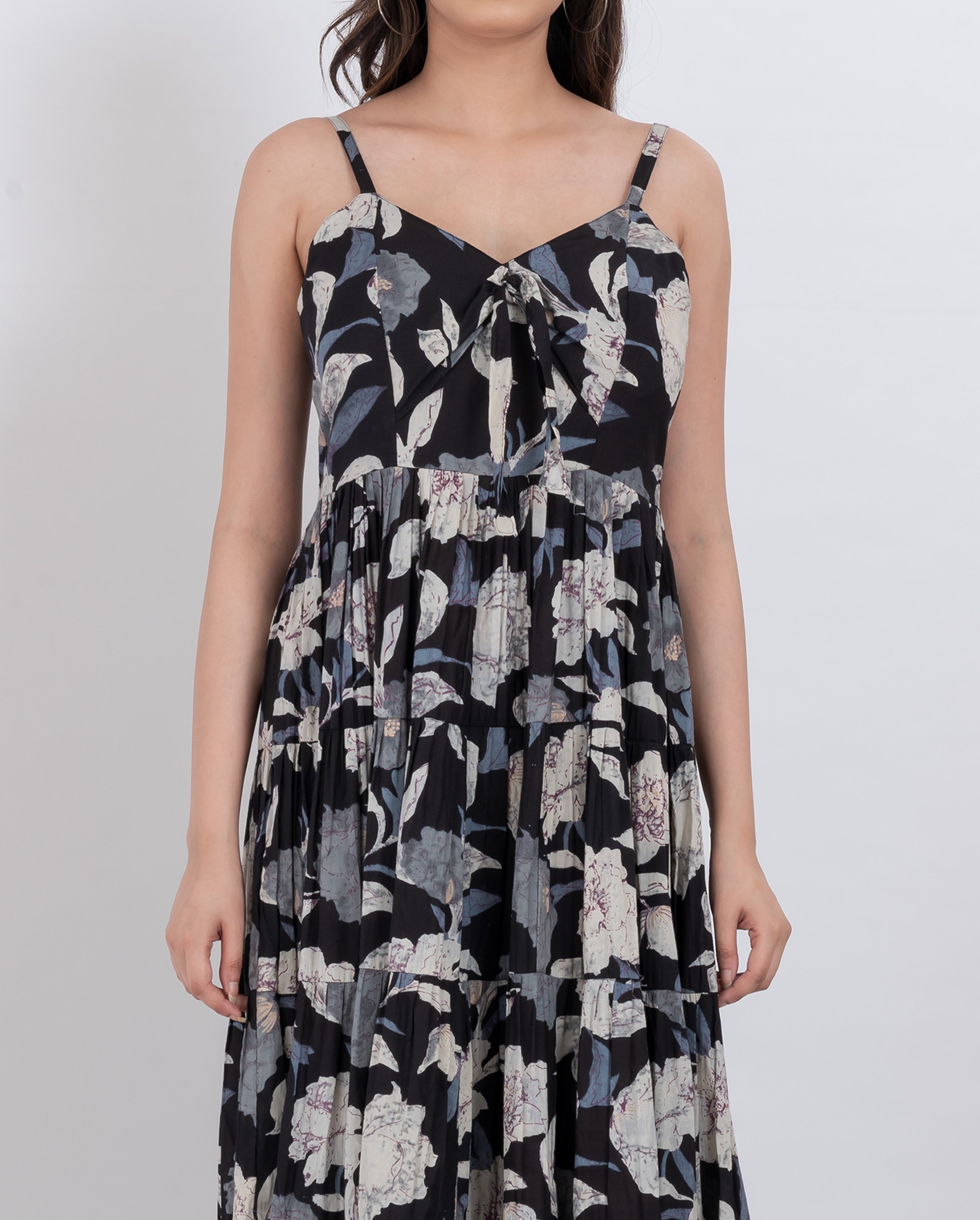 Floral tiered sleeveless maxi dress with flowing layers