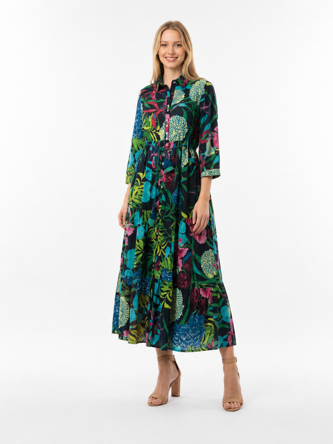 Floral Tropical Print Maxi Dress | Women's Boho Summer Shirt Dress | Vacation Dress