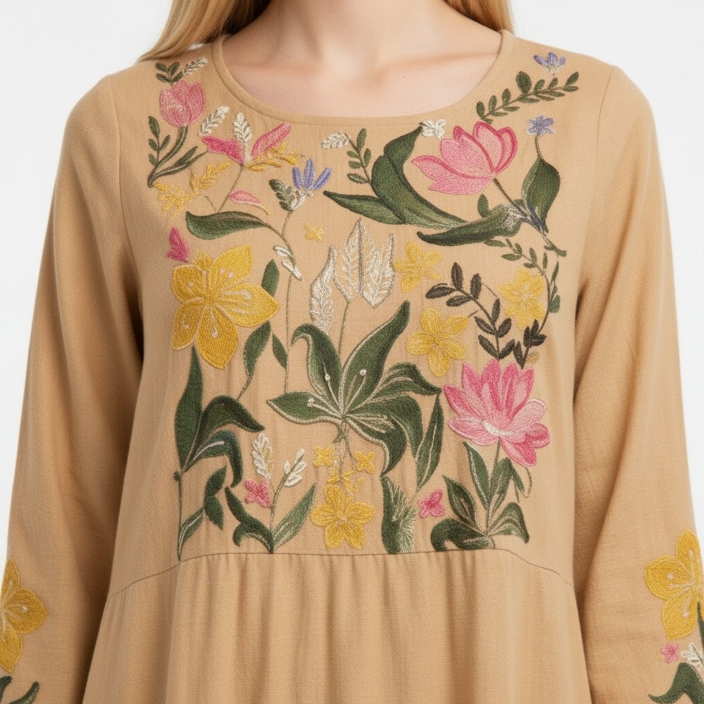 Floral Boho Embroidery with Hand paint Dress