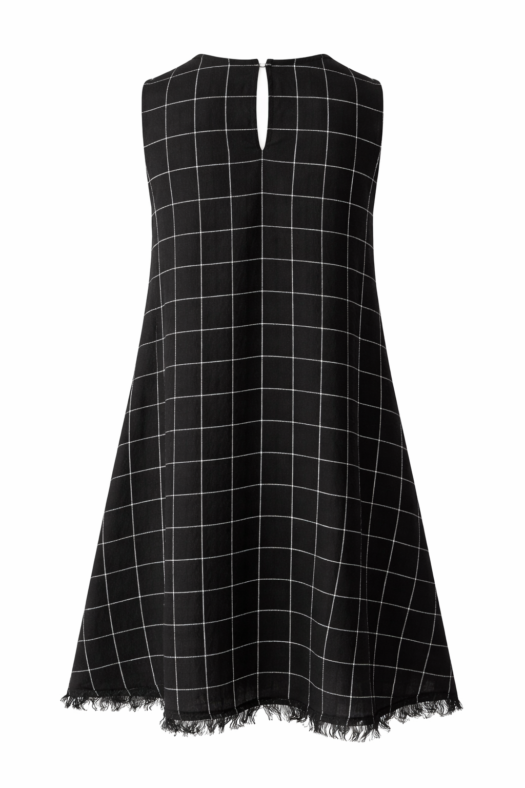 Black cotton linen shift dress with playful frayed fringe hem