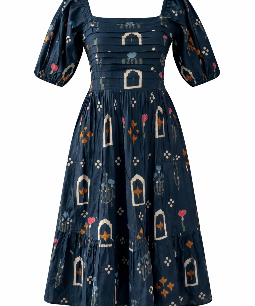 girl darkblue white print pattern desing dress girls outfit 