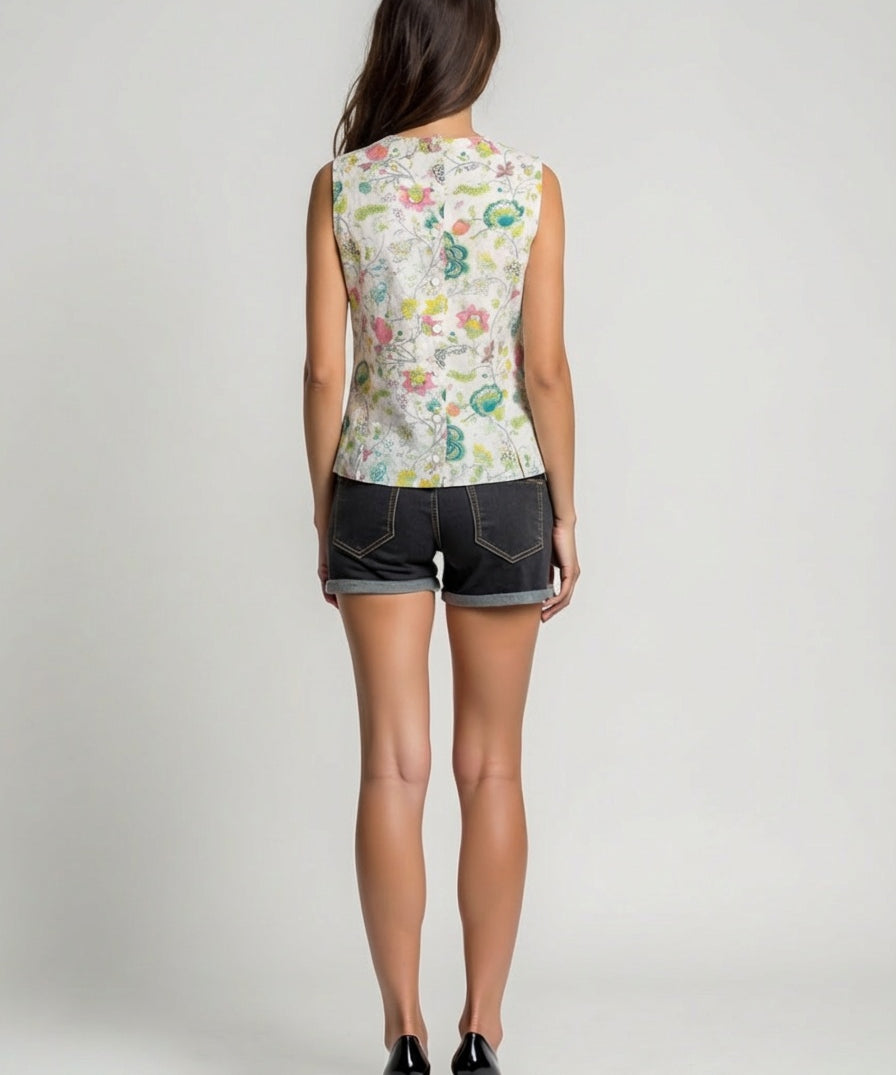 Woman wearing a sleeveless floral top and denim shorts on a plain background