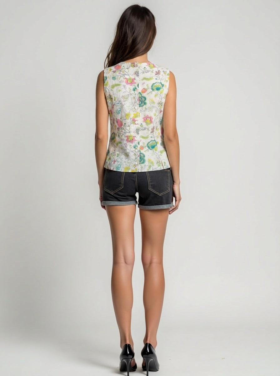 Woman wearing a sleeveless floral top and denim shorts on a plain background