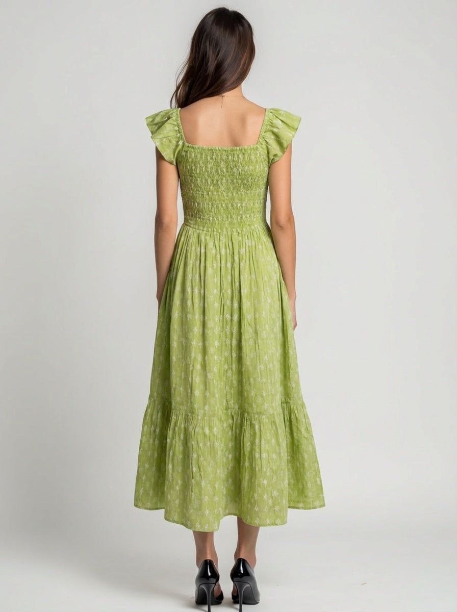 Cotton dobby midi dress with woven diamond pattern texture