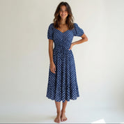 Geometric print A-line midi dress with V neckline