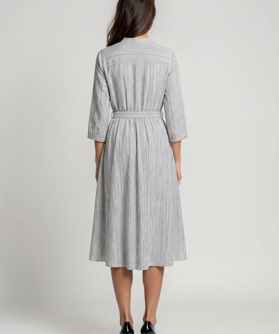 Gray handwoven cotton pinstripe midi shirt dress with tie belt