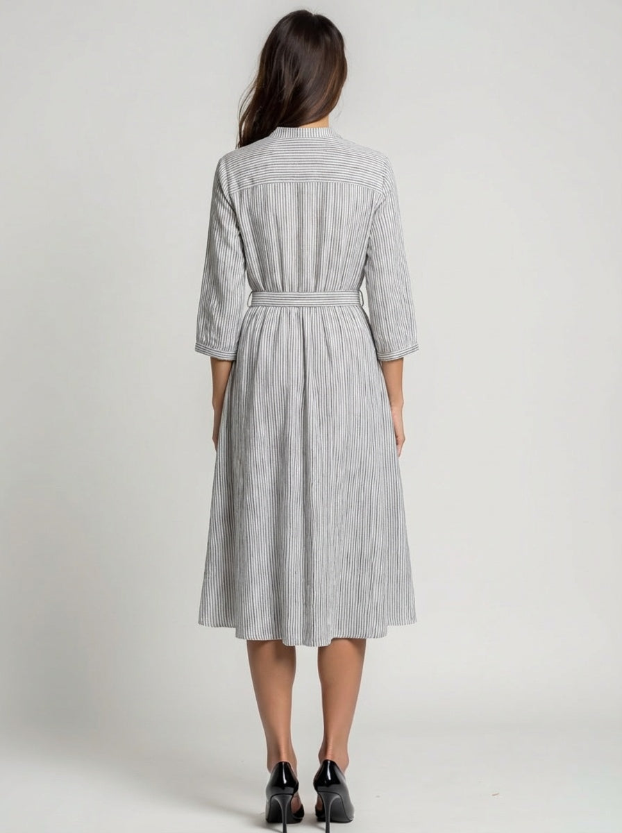 Gray handwoven cotton pinstripe midi shirt dress with tie belt
