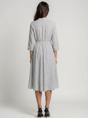 Gray handwoven cotton pinstripe midi shirt dress with tie belt