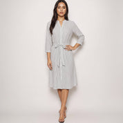 Gray handloom cotton pinstripe midi shirt dress with mandarin collar