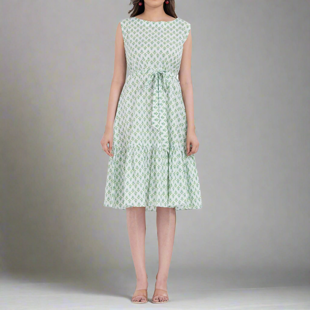 Green floral print tiered dress with adjustable tie waist and sleeveless design