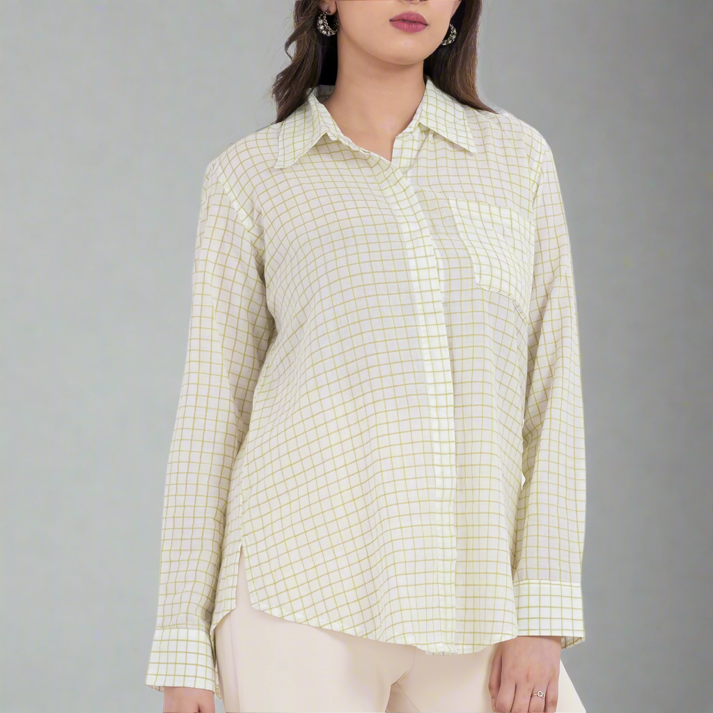Grid print button-up shirt in soft cotton fabric.