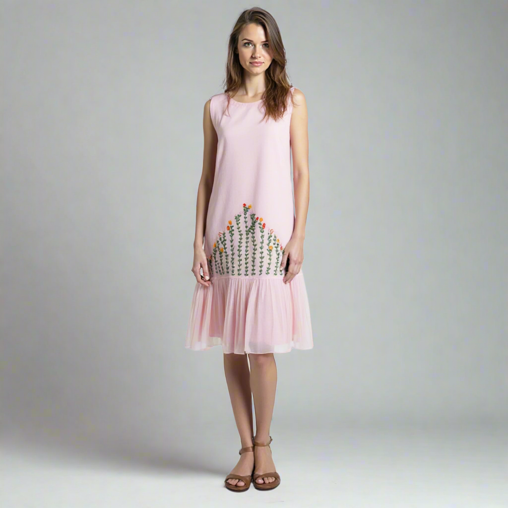 model wearing sleeveless cotton silk midi with hand embroidered floral panel