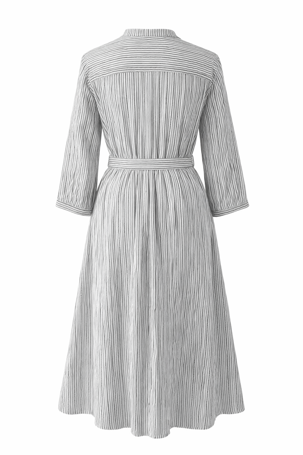 Handloom cotton midi dress with self tie belt and flared silhouette
