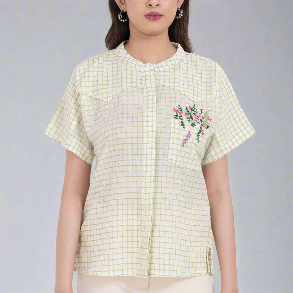 handloom cotton checked embroidered shirt top