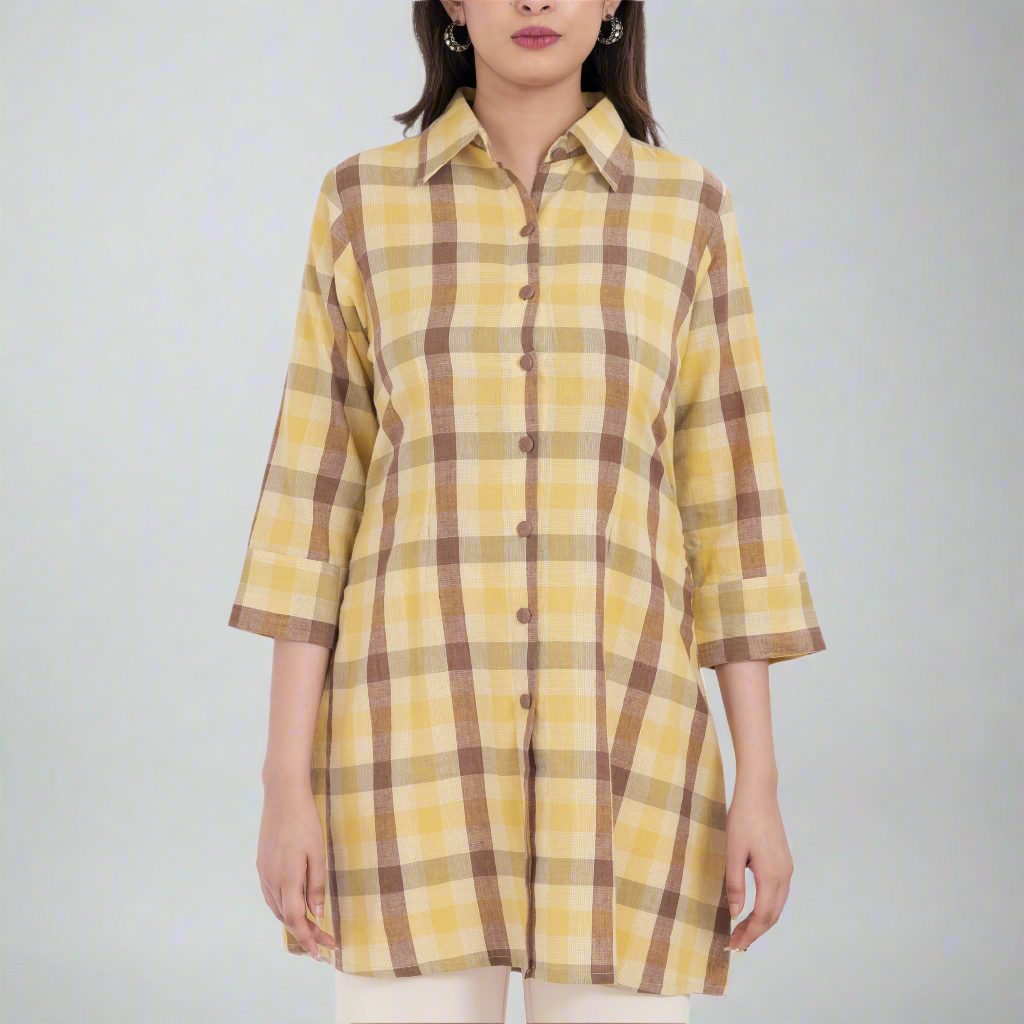 handloom cotton checked longline tunic shirt