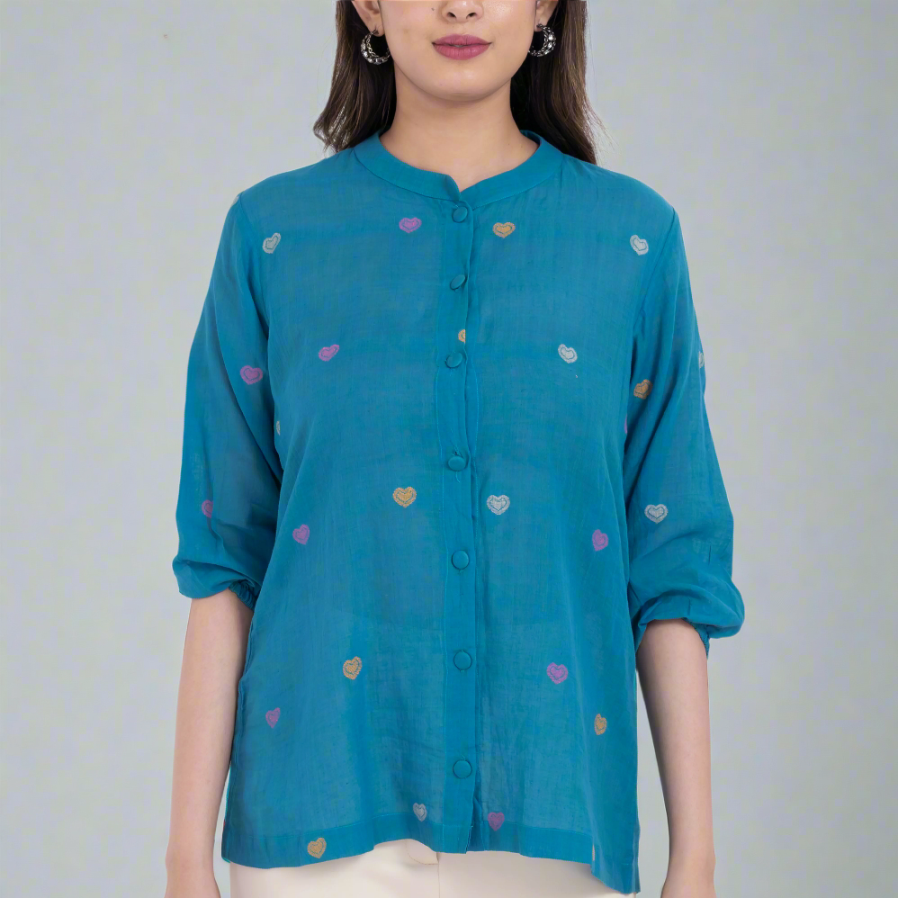 handloom cotton embroidered button down top
