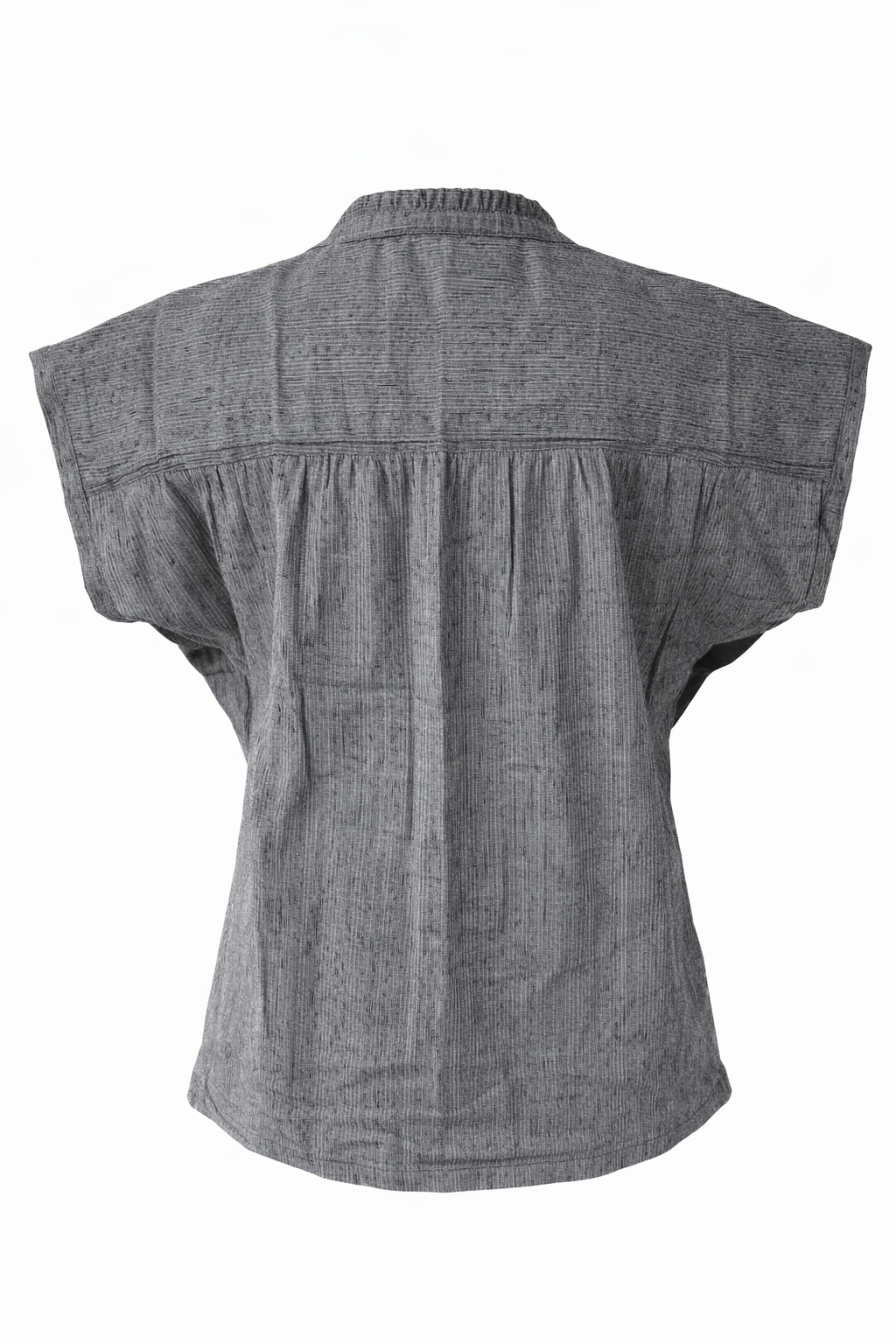 Back view of a gray sleeveless shirt on a white background