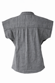 Back view of a gray sleeveless shirt on a white background