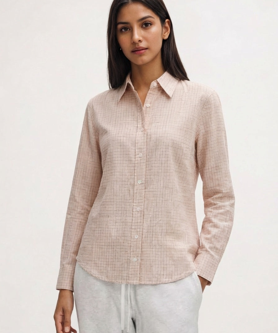 Woman wear beige color shirt good looking cotton dress 