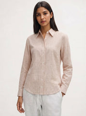 Woman wear beige color shirt good looking cotton dress 