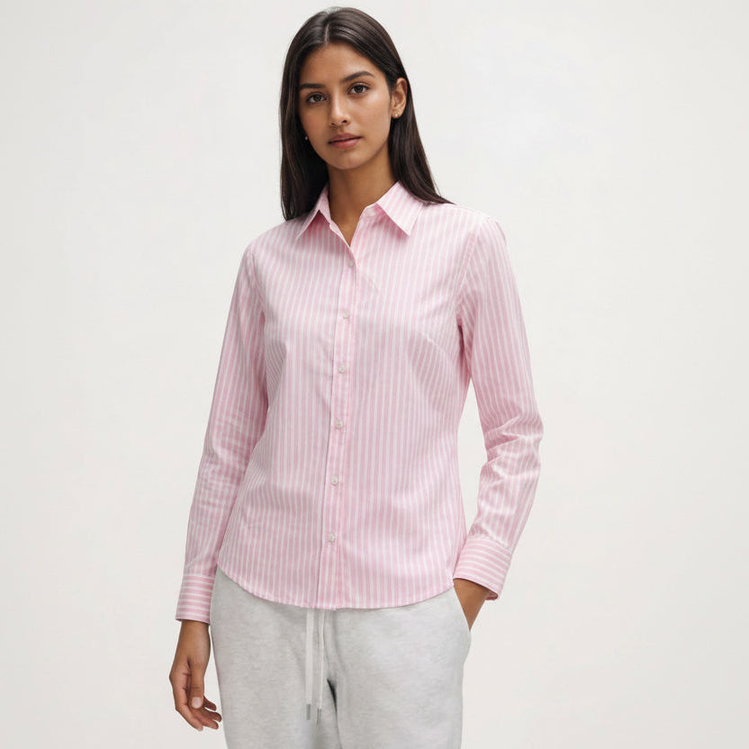 Woman's wear a pink striped shirt-bestootd.com-ladies' dresses fabric