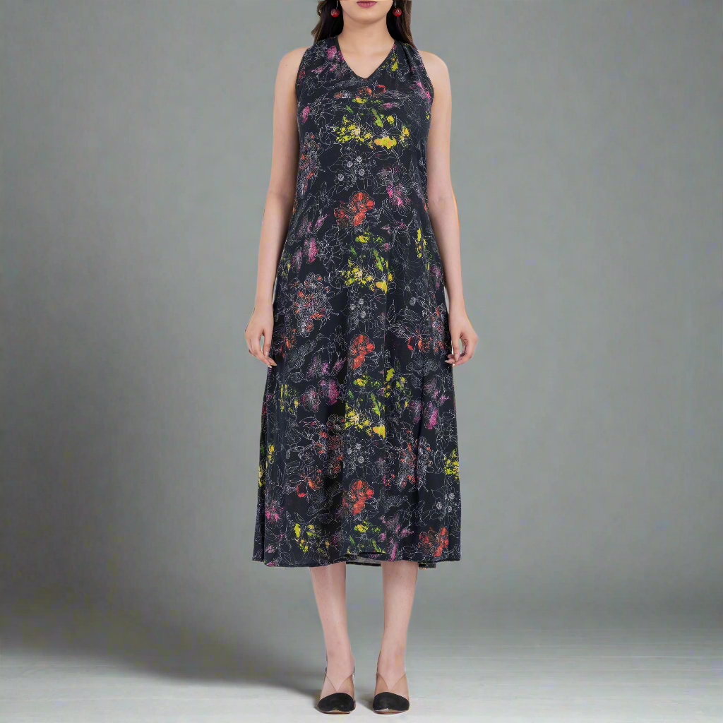 Sleeveless handloom cotton maxi dress with floral print design