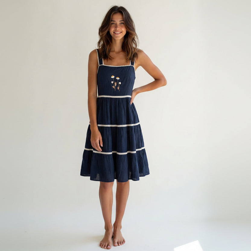 Handwoven cotton sundress with daisy floral motif
