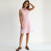  Handwoven cotton sleeveless midi shirt dress in pink check pattern