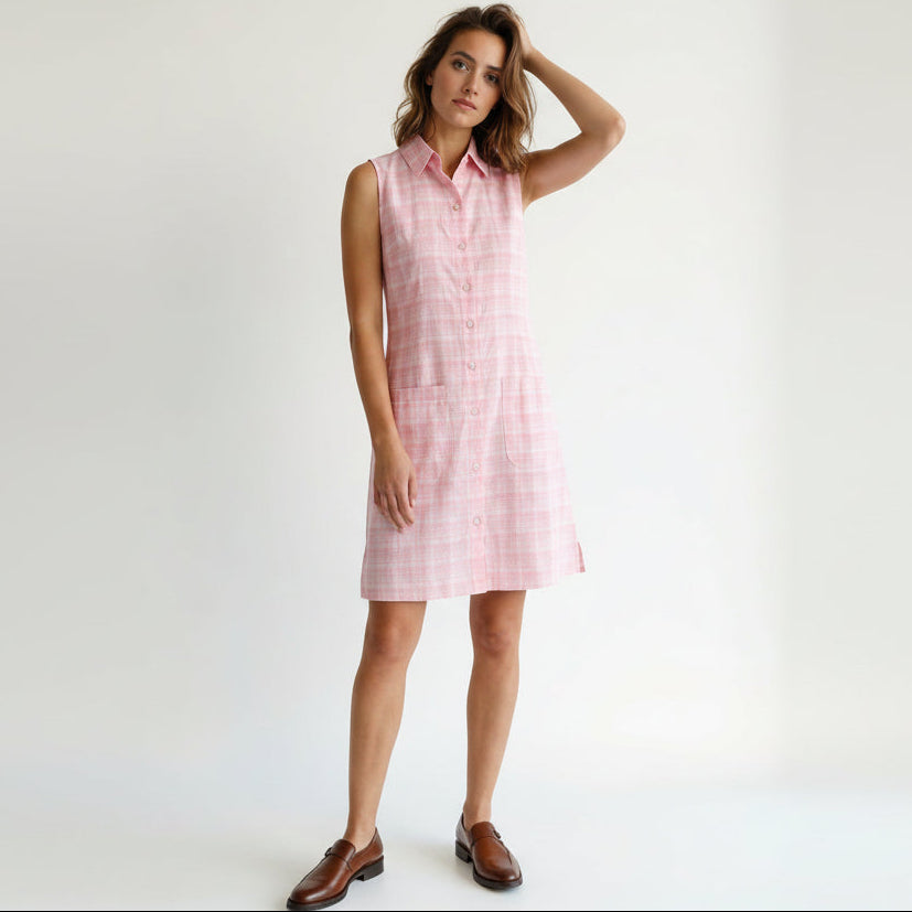  Handwoven cotton sleeveless midi shirt dress in pink check pattern