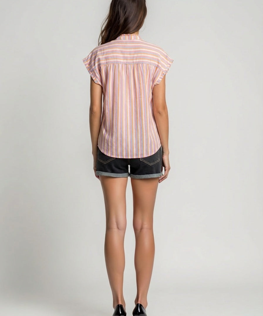 Striped cotton mandarin collar sleeveless blouse