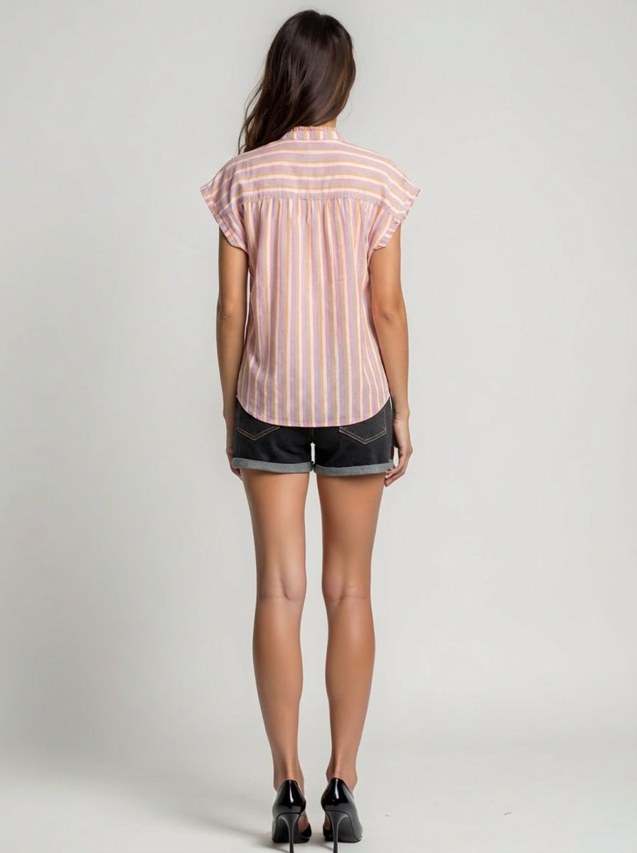 Striped cotton mandarin collar sleeveless blouse