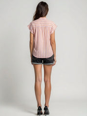 Striped cotton mandarin collar sleeveless blouse