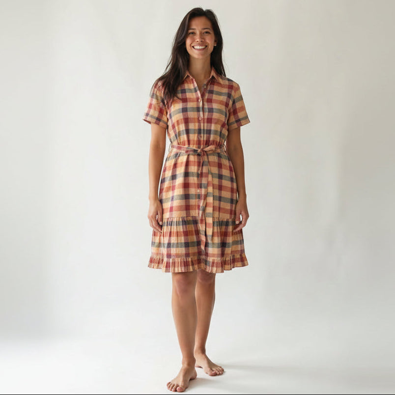 Handwoven cotton knee length shirt dress for women